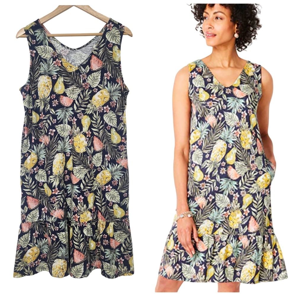 J.Jill Tropical Fruit Print navy Dress Med Petite Cotton Modal‎ Flounced Hem